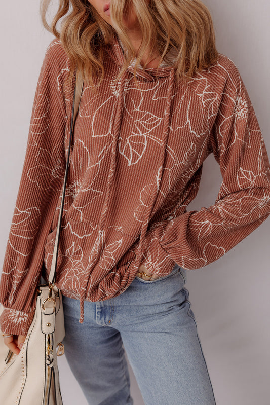 Brown Floral Twisted Rib Drawstring Kangaroo Pocket Hoodie-Tops / Dresses-[Adult]-[Female]-Brown-S-2022 Online Blue Zone Planet