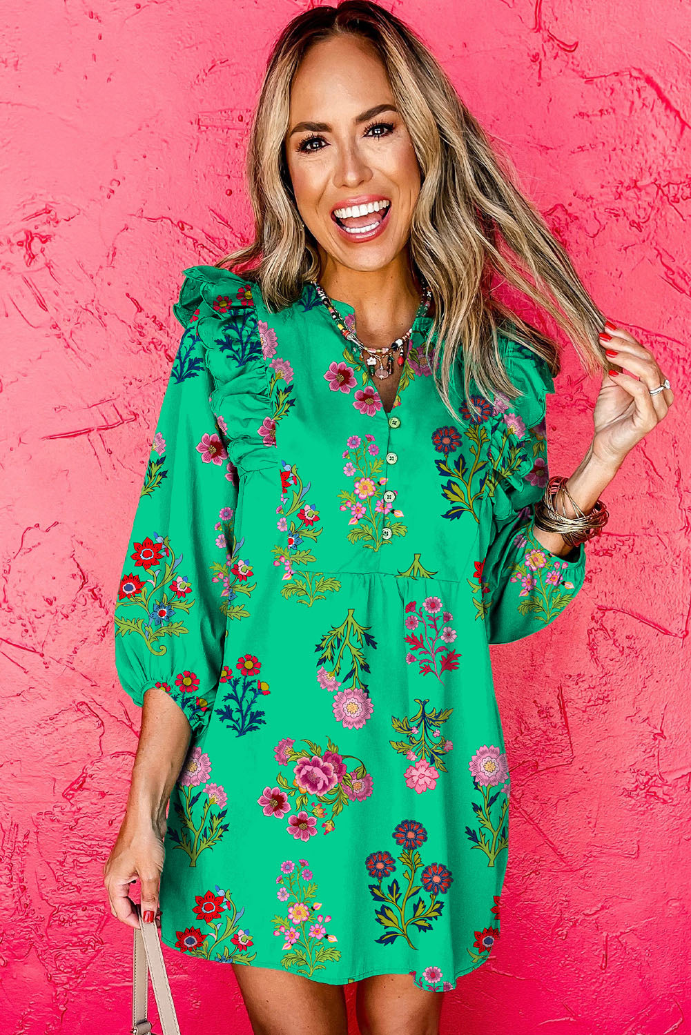 Green Floral Ruffled Three Quarter Sleeve Buttoned Mini Dress-TOPS / DRESSES-[Adult]-[Female]-2022 Online Blue Zone Planet