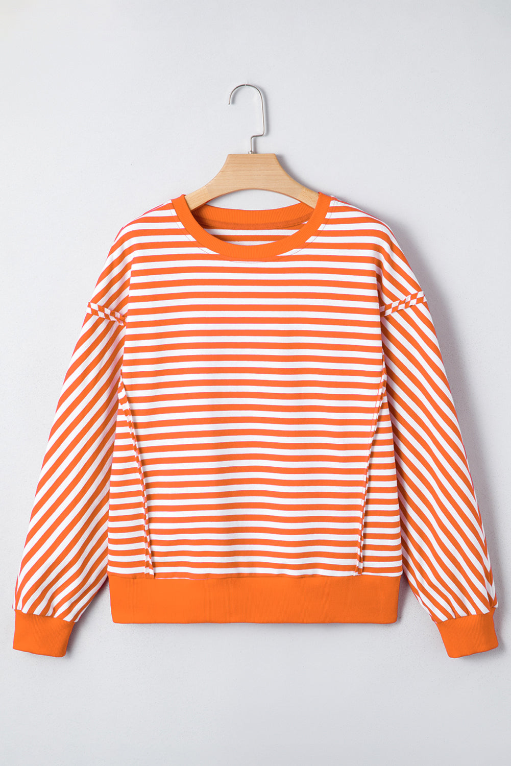 Orange Stripe Exposed Seam Drop Shoulder Casual Pullover Top-Tops/Long Sleeve Tops-[Adult]-[Female]-2022 Online Blue Zone Planet