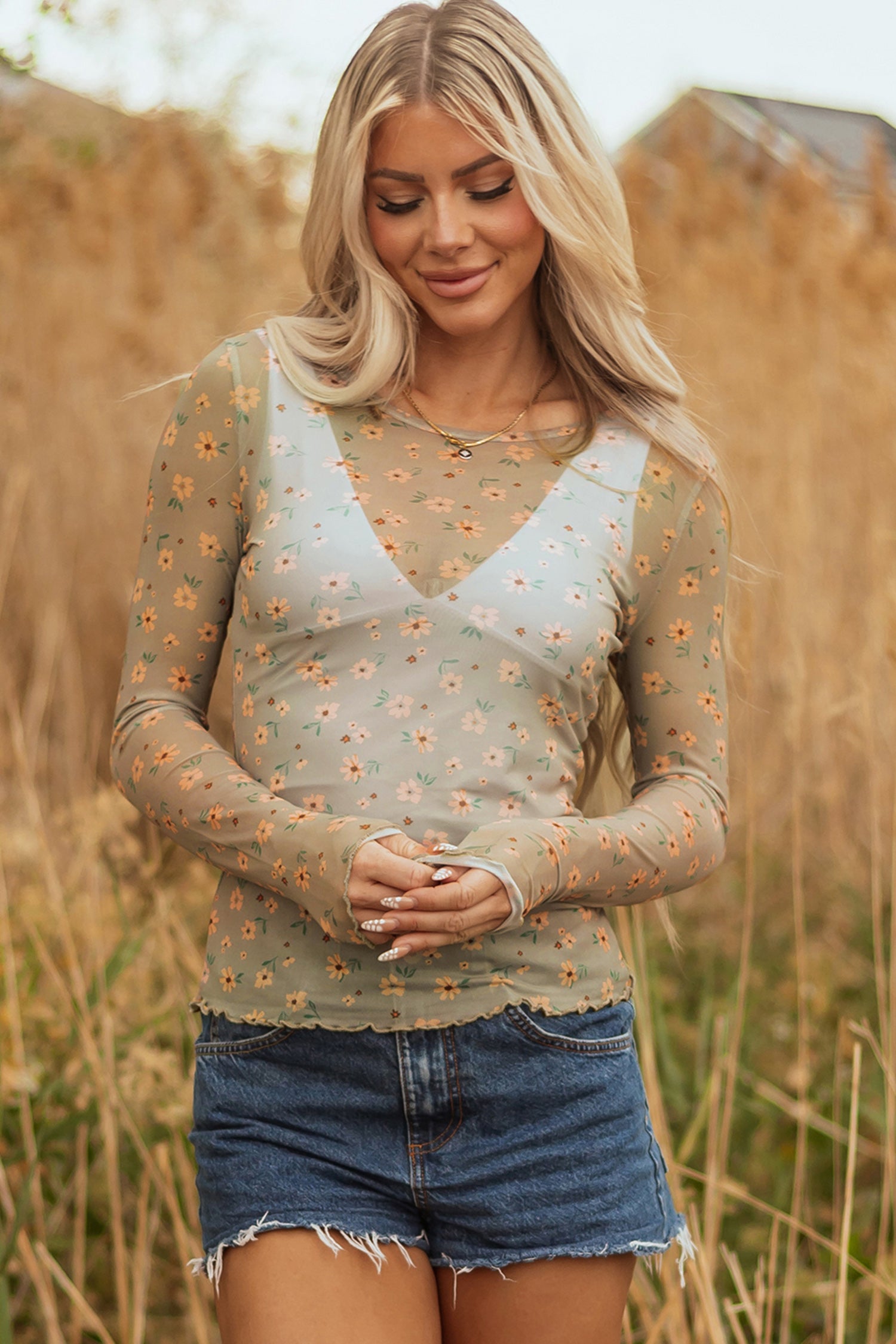 Laurel Green Vintage Floral Print Southern Style Mesh Long Sleeve Top-Tops/Long Sleeve Tops-[Adult]-[Female]-2022 Online Blue Zone Planet