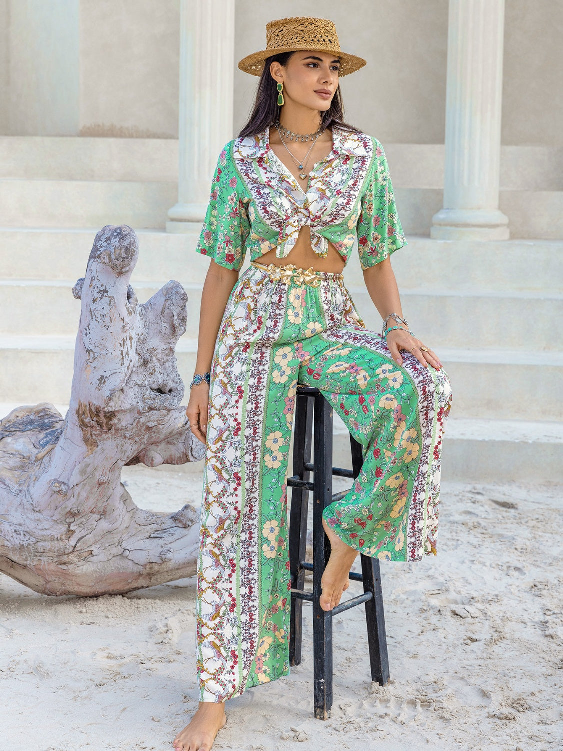 Printed Half Sleeve Top and Wide Leg Pants Set-TOPS / DRESSES-[Adult]-[Female]-2022 Online Blue Zone Planet