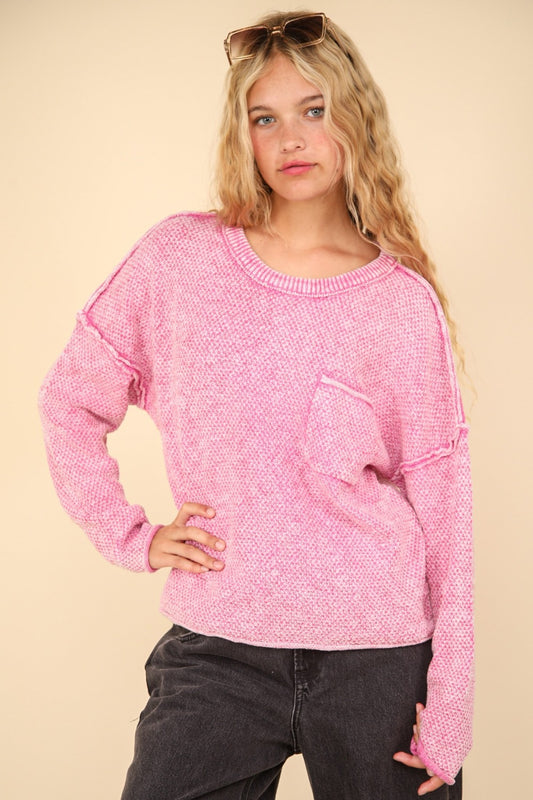 VERY J Mineral Washed Exposed Seam Sweater-TOPS / DRESSES-[Adult]-[Female]-Pink-S-2022 Online Blue Zone Planet