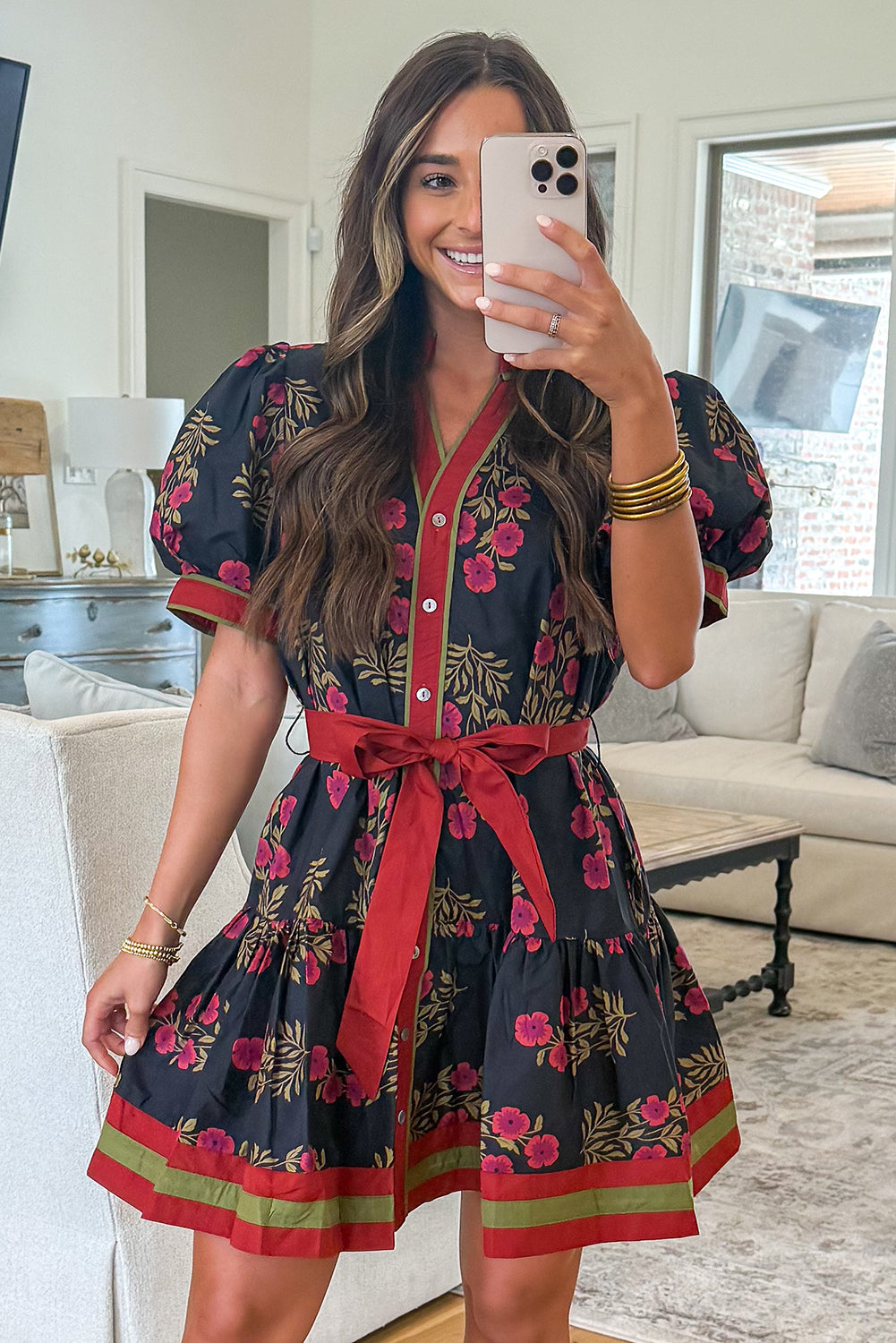 Black Retro Floral Print Button Down Belted Short Puff Sleeve Mini Dress-TOPS / DRESSES-[Adult]-[Female]-2022 Online Blue Zone Planet