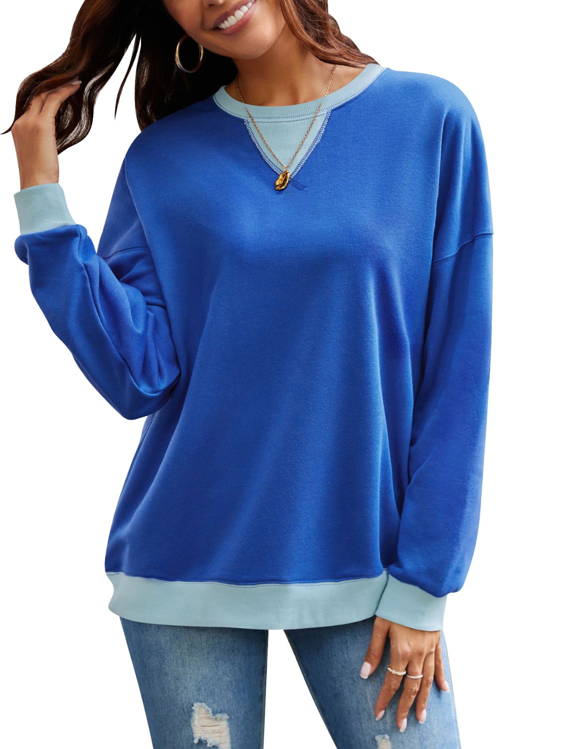 Blue Zone Planet | Lovelet Contrast Round Neck Long Sleeve Sweatshirt-TOPS / DRESSES-[Adult]-[Female]-2022 Online Blue Zone Planet