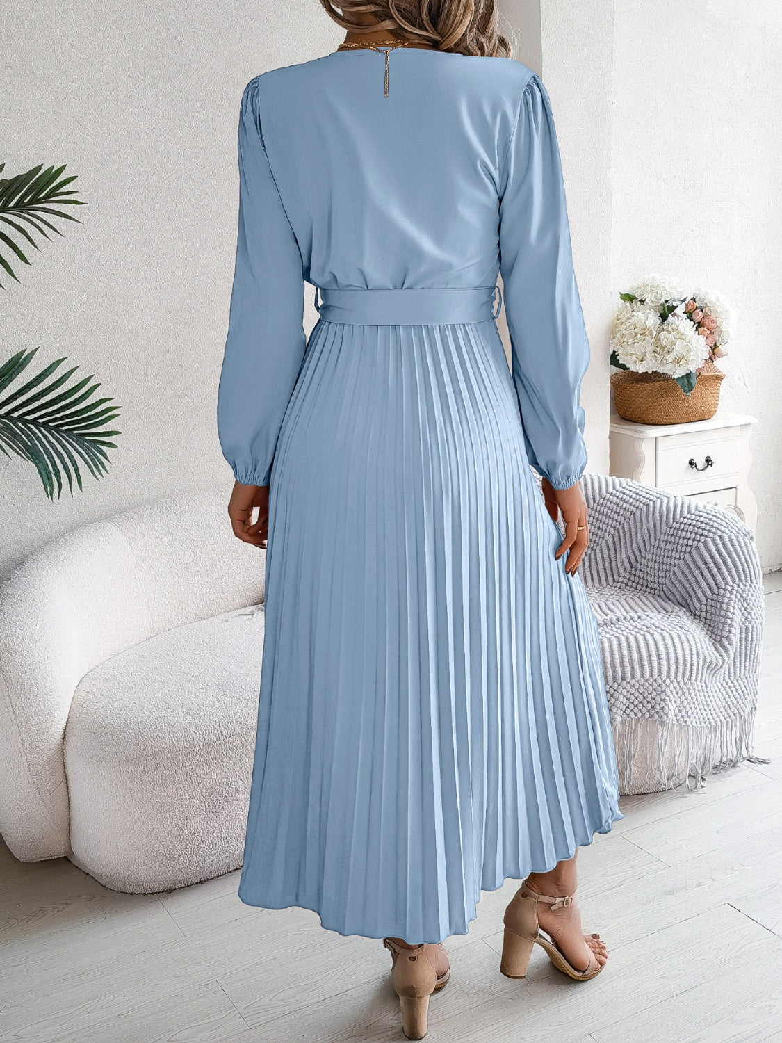 Pleated Tied V-Neck Long Sleeve Dress-TOPS / DRESSES-[Adult]-[Female]-2022 Online Blue Zone Planet