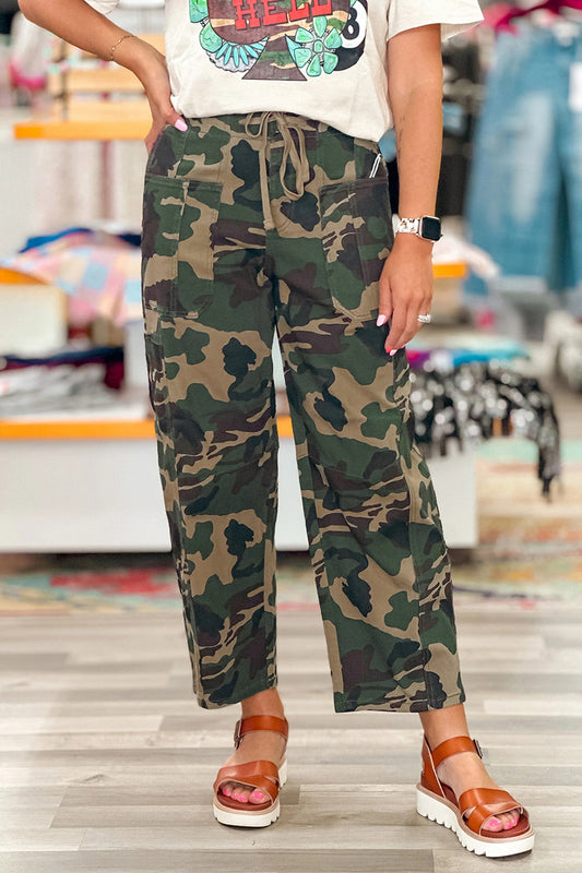 Green Camouflage Print Drawstring Patch Pocket Barrel Jeans-Bottoms/Jeans-[Adult]-[Female]-Green-4-2022 Online Blue Zone Planet
