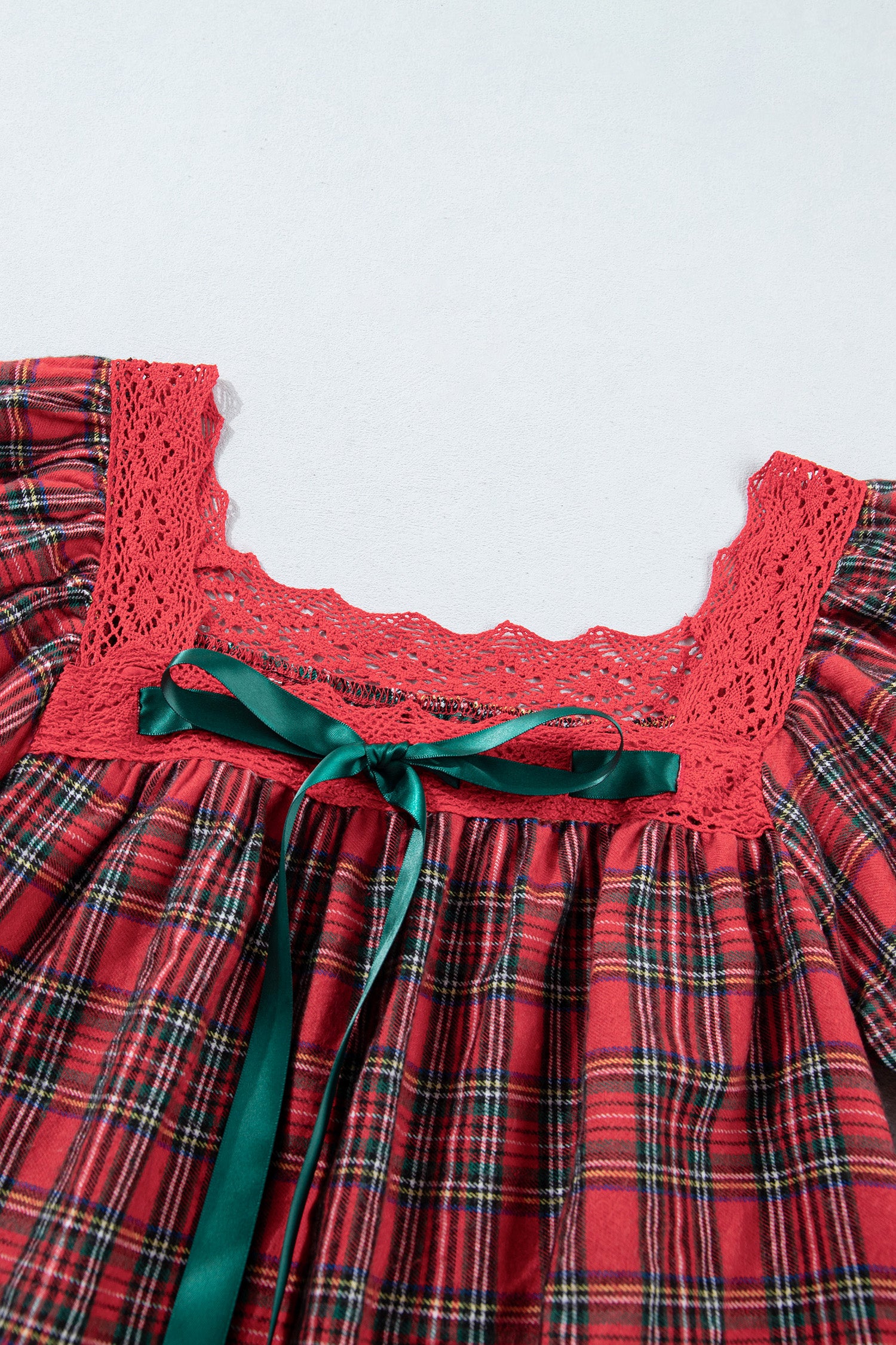 Red Plaid Square Collar Lace Trim Short Sleeve Shift Mini Dress-TOPS / DRESSES-[Adult]-[Female]-2022 Online Blue Zone Planet
