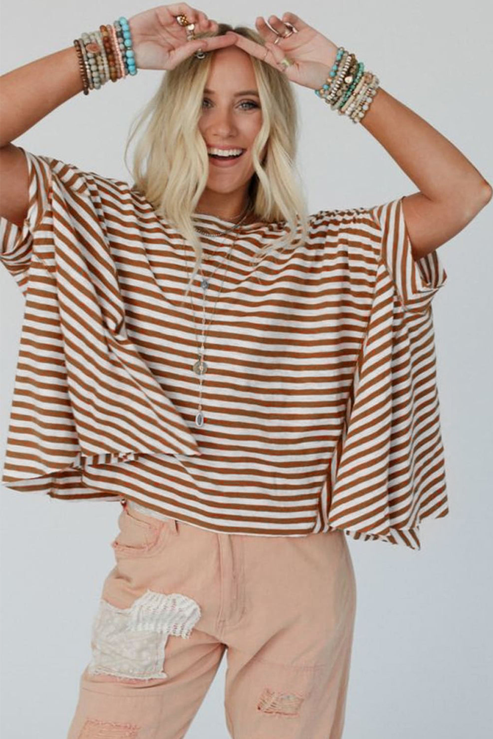 Khaki Striped Batwing Sleeve Oversized Top-Oversized T Shirt-[Adult]-[Female]-2022 Online Blue Zone Planet