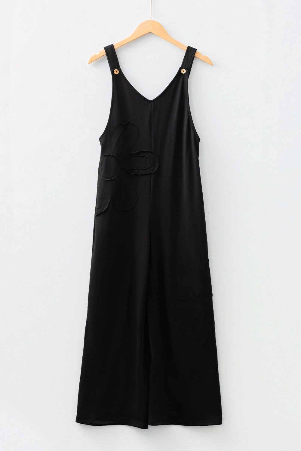 Black Solid Color Raw Seam Big Flower Patched Loose Overall Jumpsuit-Bottoms/Jumpsuits & Rompers-[Adult]-[Female]-2022 Online Blue Zone Planet