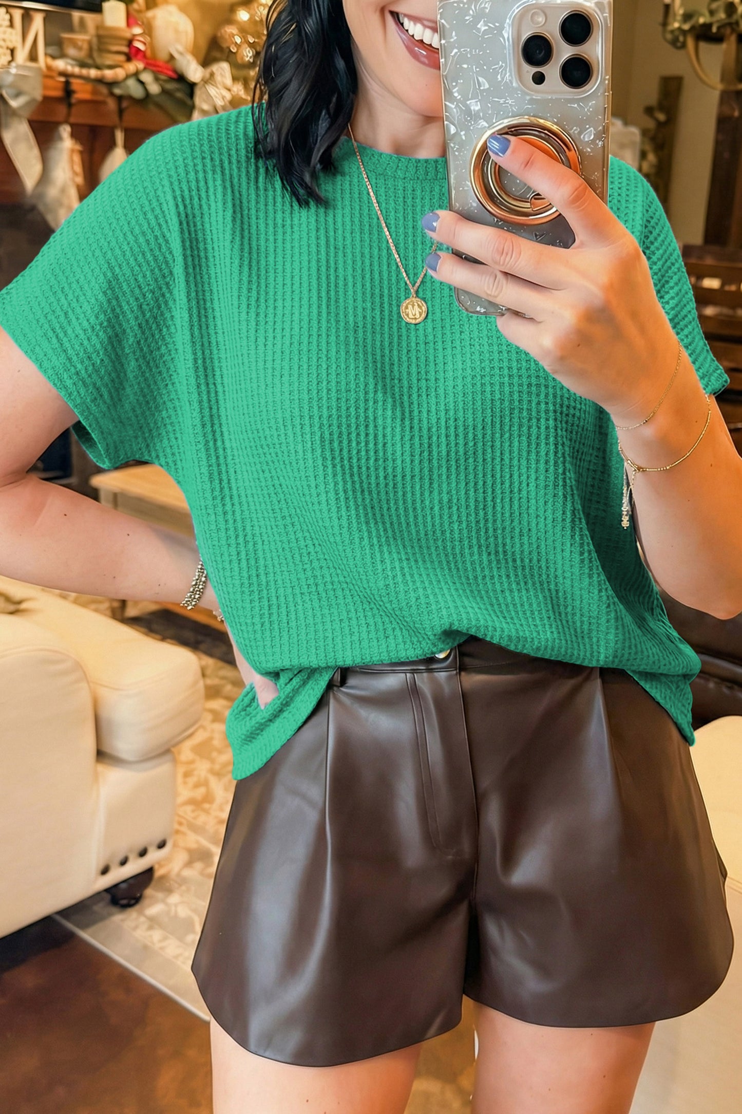Sea Green Waffle Textured Knit Dolman Short Sleeve Loose Top-Tops/Tops & Tees-[Adult]-[Female]-2022 Online Blue Zone Planet