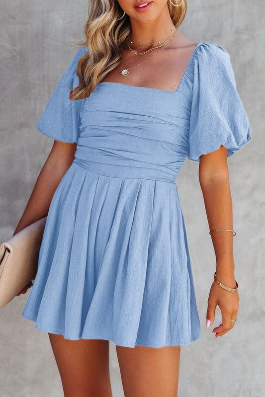 Sky Blue Brown Square Neck Ruched Puff Sleeve Romper-Bottoms/Jumpsuits & Rompers-[Adult]-[Female]-Sky Blue-S-2022 Online Blue Zone Planet