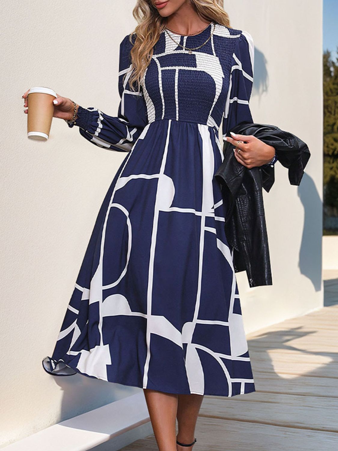 Smocked Color Block Long Sleeve Midi Dress Dark Navy / S