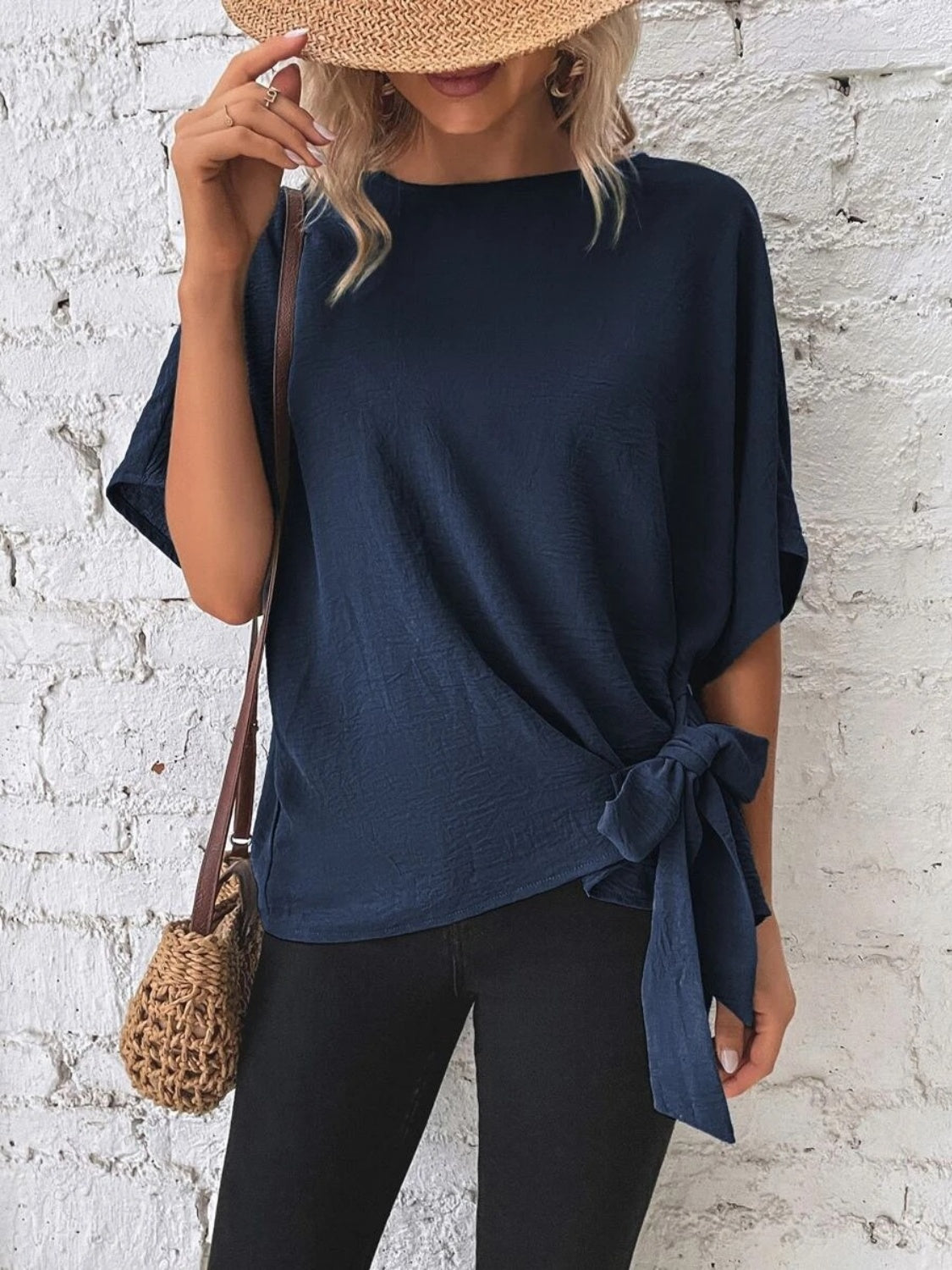 Knotted Round Neck Half Sleeve Blouse-TOPS / DRESSES-[Adult]-[Female]-2022 Online Blue Zone Planet