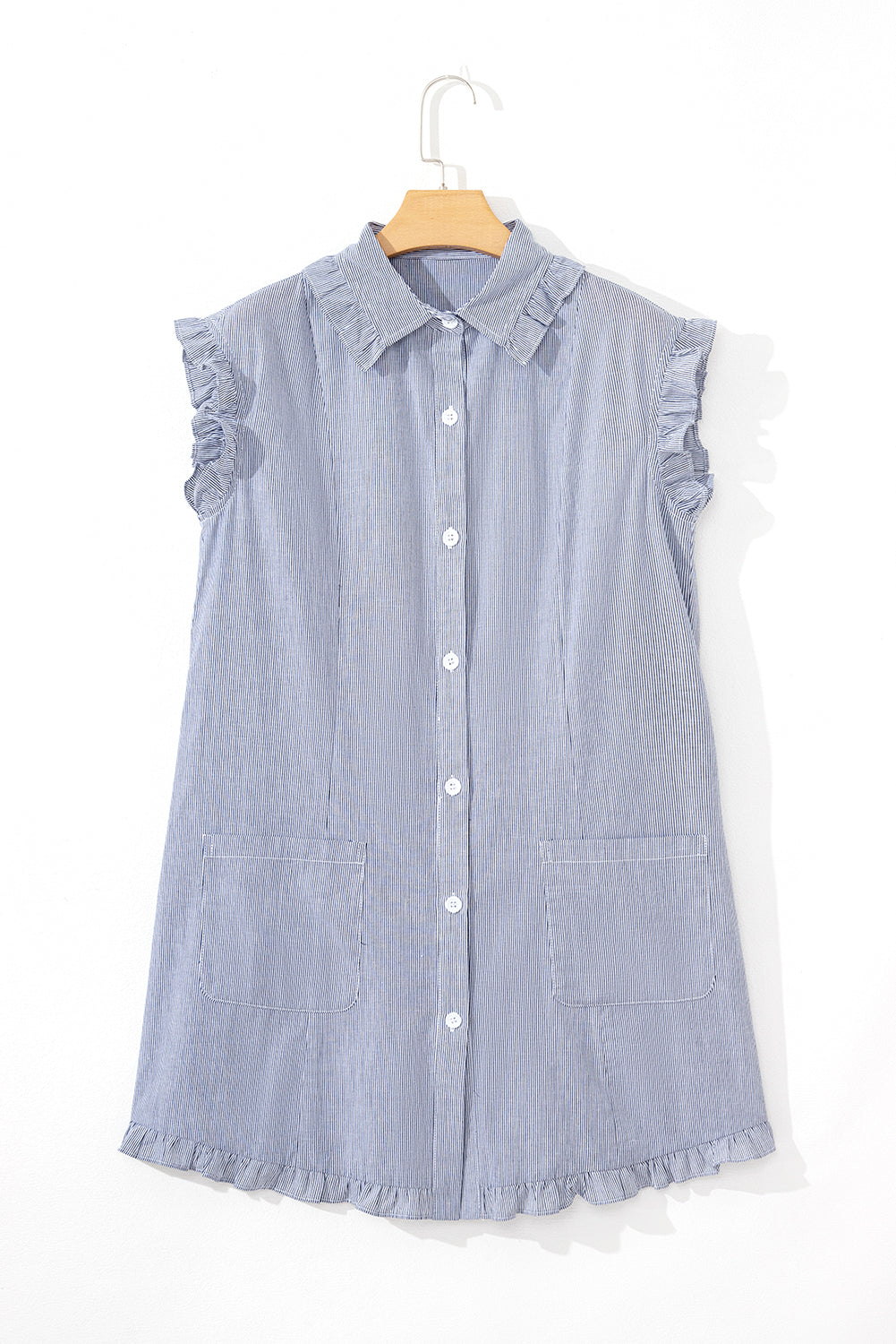 Blue Stripe Frilled Sleeveless Collar Front Pocket Button Up Mini Dress-TOPS / DRESSES-[Adult]-[Female]-2022 Online Blue Zone Planet
