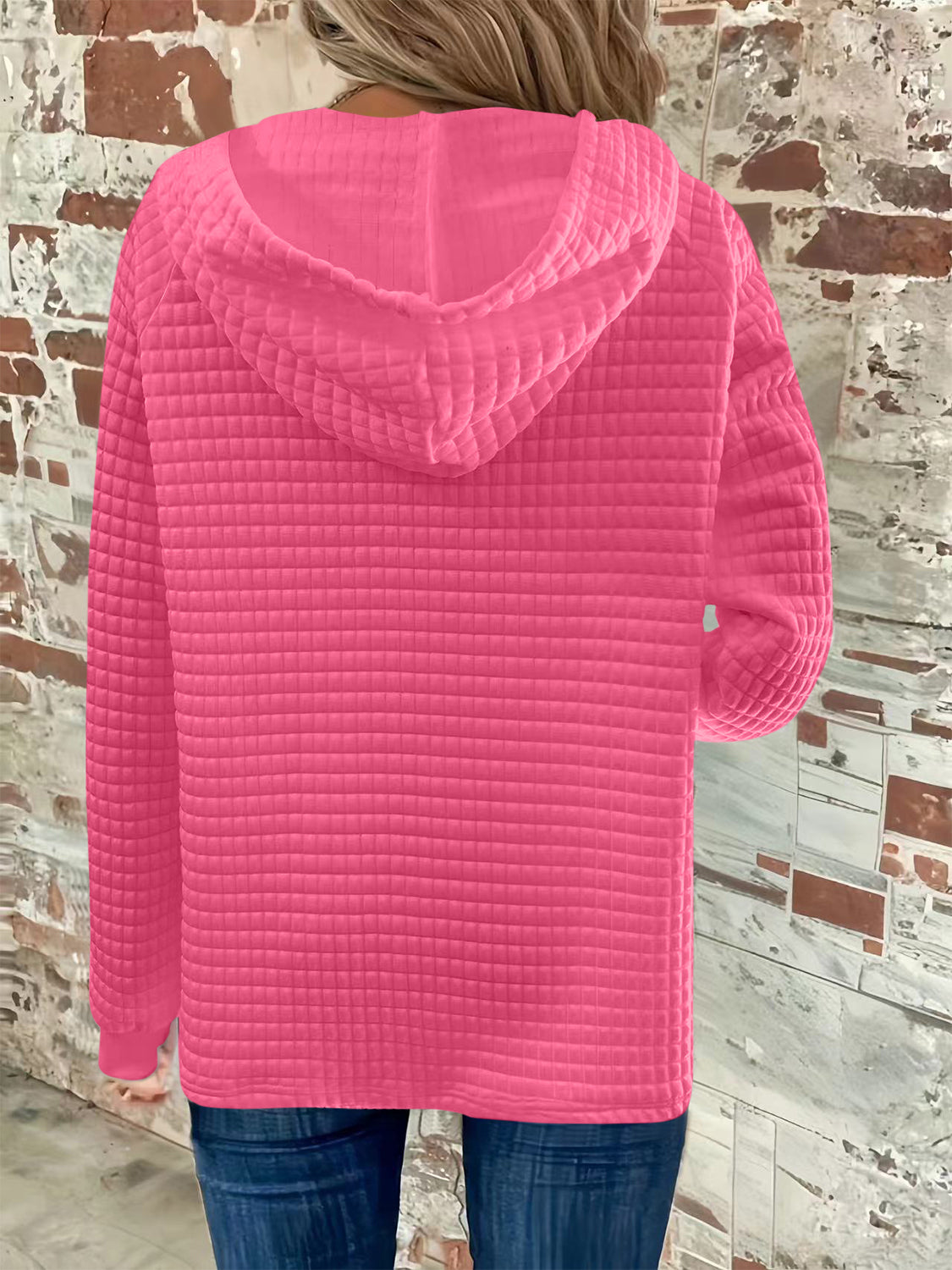 Full Size Texture Button Detail Drawstring Long Sleeve Hoodie-TOPS / DRESSES-[Adult]-[Female]-Hot Pink-S-2022 Online Blue Zone Planet