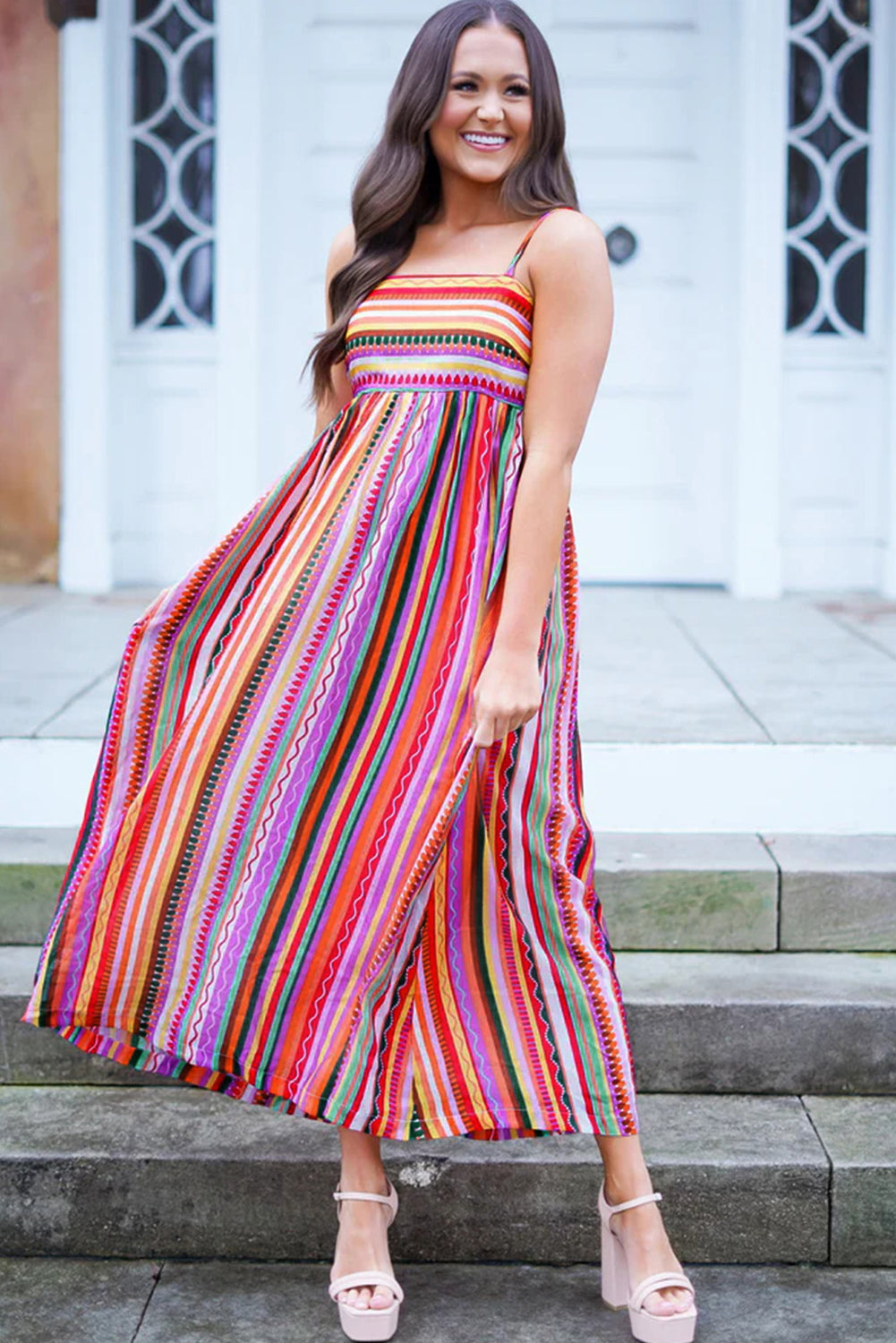 Blue Zone Planet |  Marisol's Multicolour Striped Thin Straps Smocked Back Boho Maxi Dress Blue Zone Planet