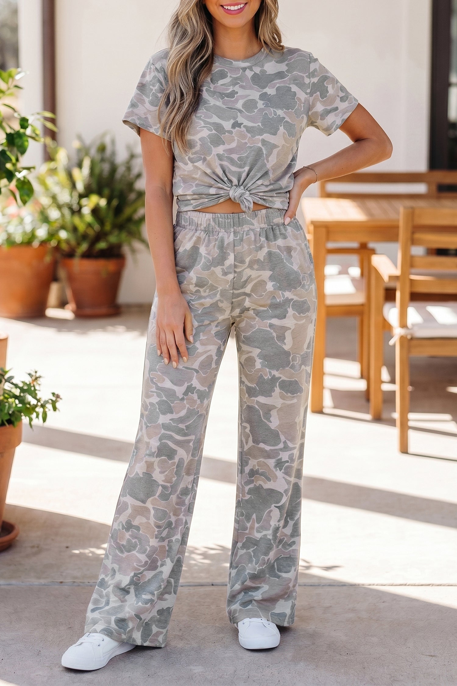 Multicolour Camouflage Short Sleeve Top and High Waist Wide Leg Pants Set-Two Piece Sets/Pant Sets-[Adult]-[Female]-2022 Online Blue Zone Planet