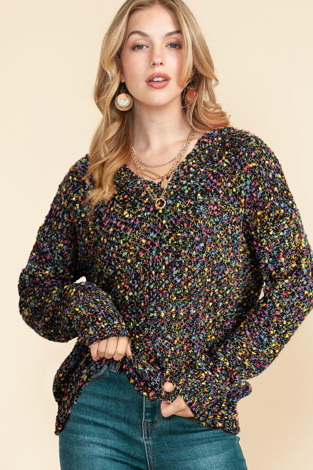 Confetti V-Neck Long Sleeve Sweater-TOPS / DRESSES-[Adult]-[Female]-2022 Online Blue Zone Planet