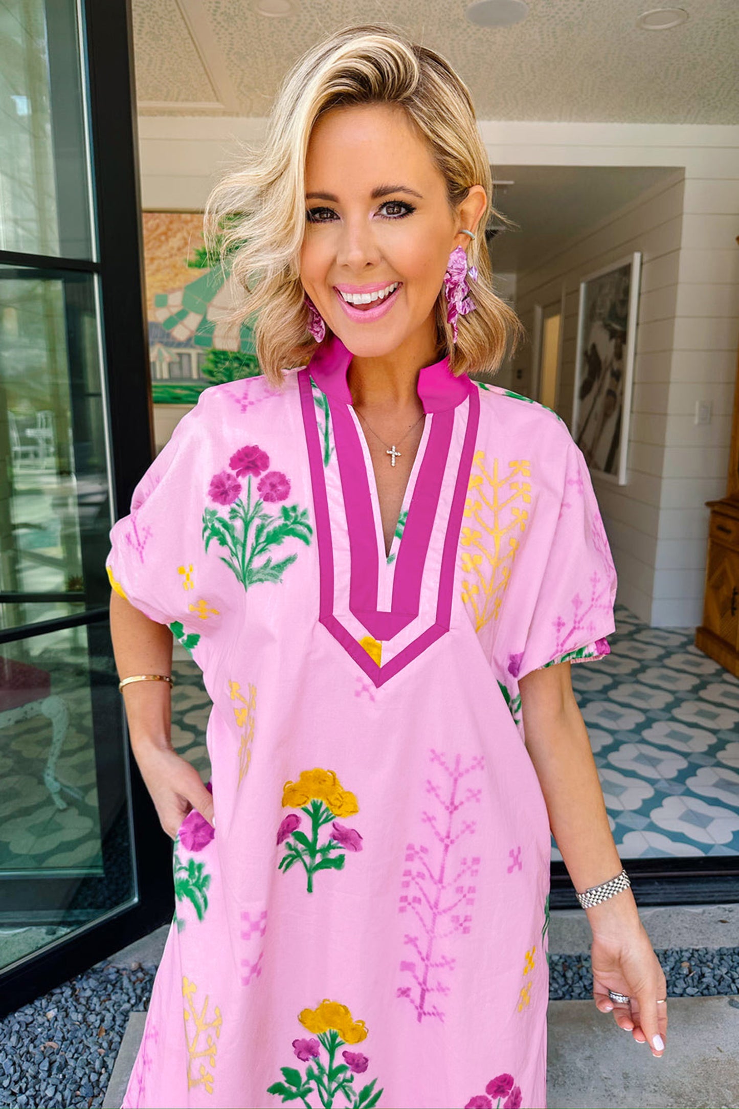 Pink Floral Print Short Sleeve Colorblcok Trim V Neck Midi Dress-Dresses/Floral Dresses-[Adult]-[Female]-2022 Online Blue Zone Planet