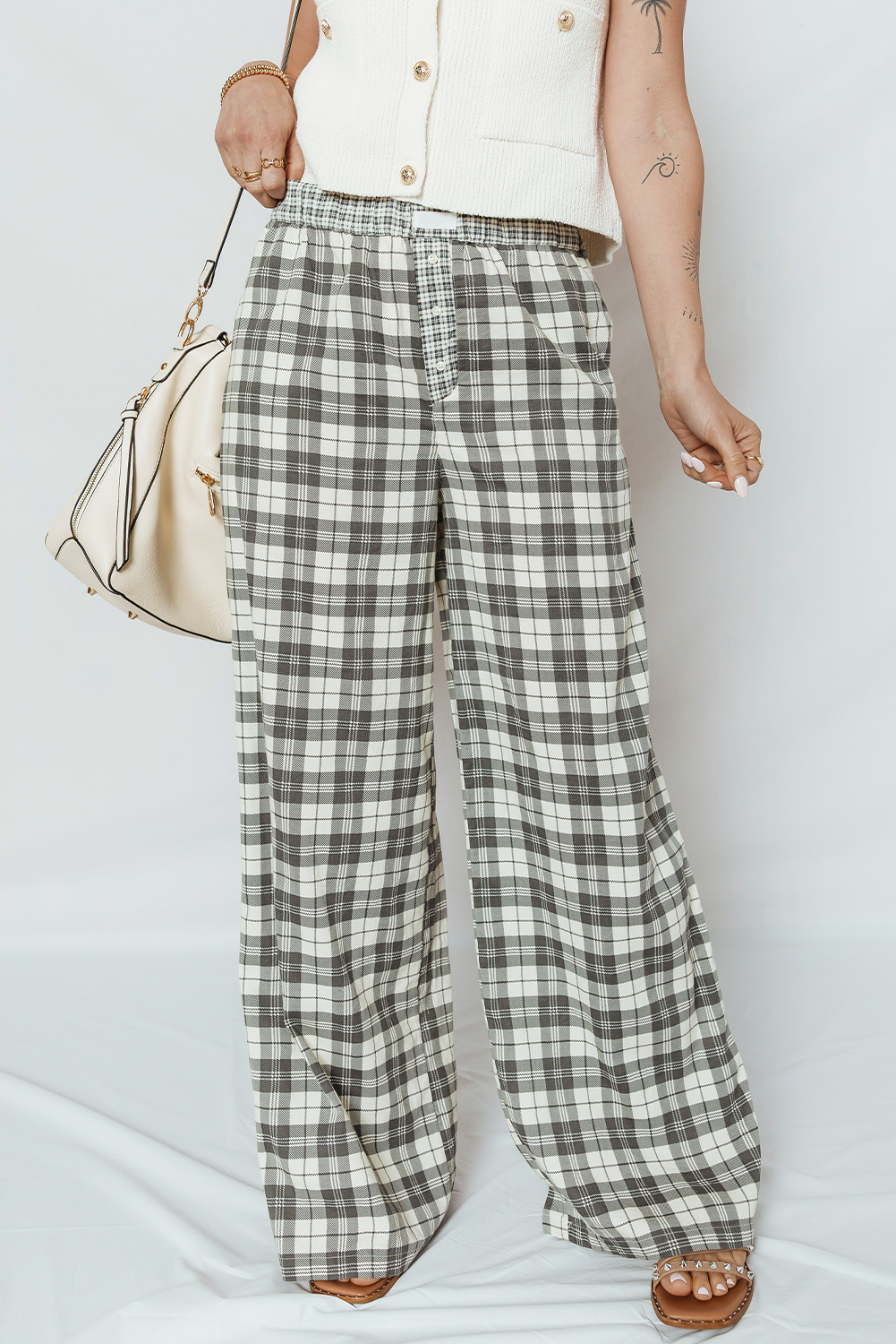 Gray Plaid Wide Leg Casual Pants-TOPS / DRESSES-[Adult]-[Female]-2022 Online Blue Zone Planet