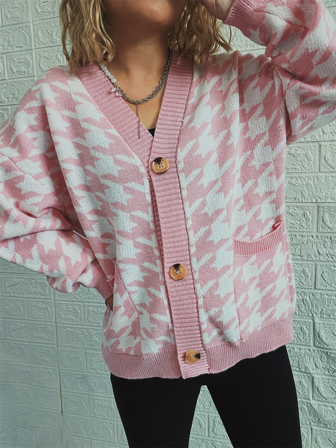 Houndstooth Botton Front Cardigan with Pockets-TOPS / DRESSES-[Adult]-[Female]-Blush Pink-S-2022 Online Blue Zone Planet