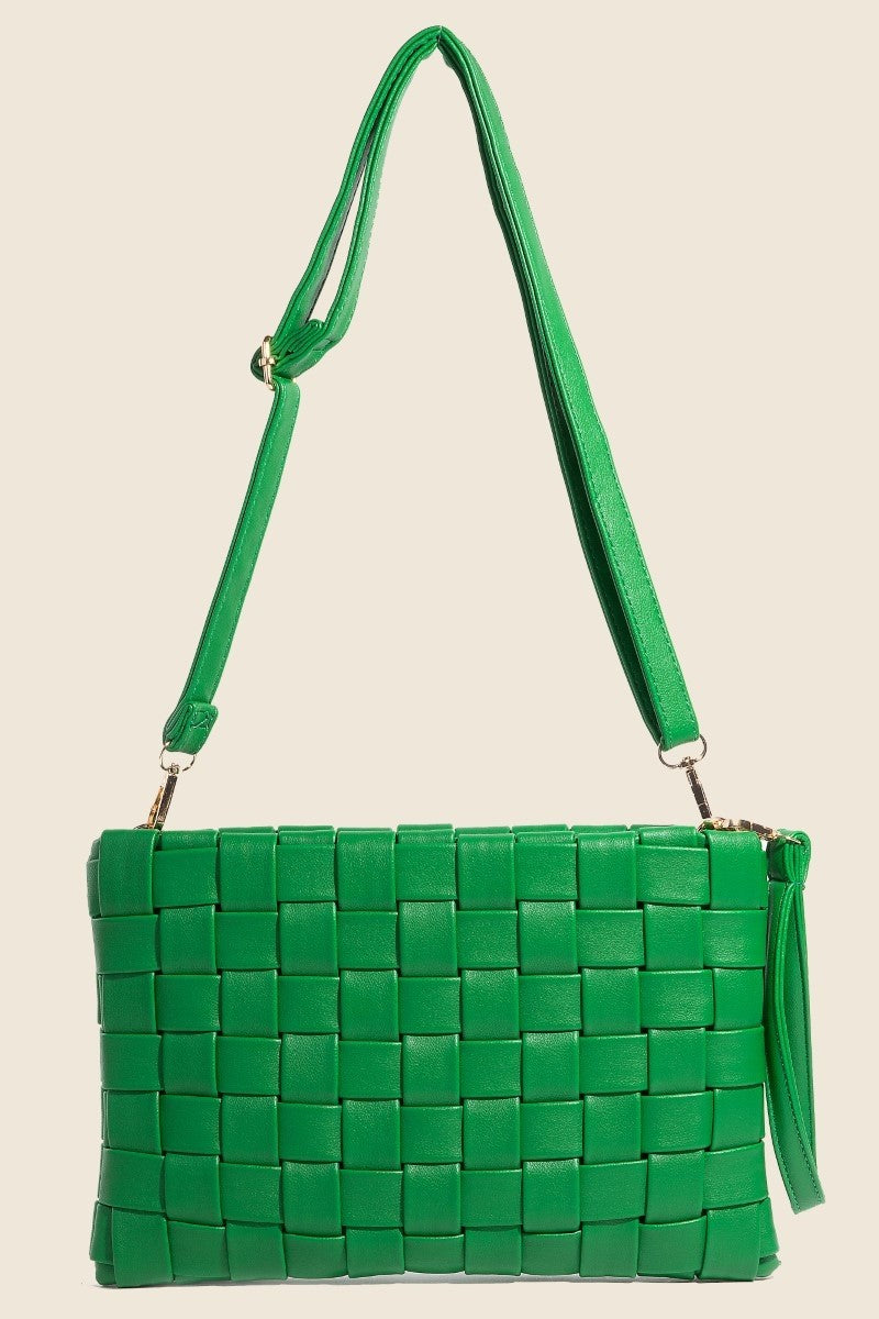 Blue Zone Planet | Fame Faux Leather Basket Weave Crossbody Bag-HANDBAGS-[Adult]-[Female]-Green-One Size-2022 Online Blue Zone Planet