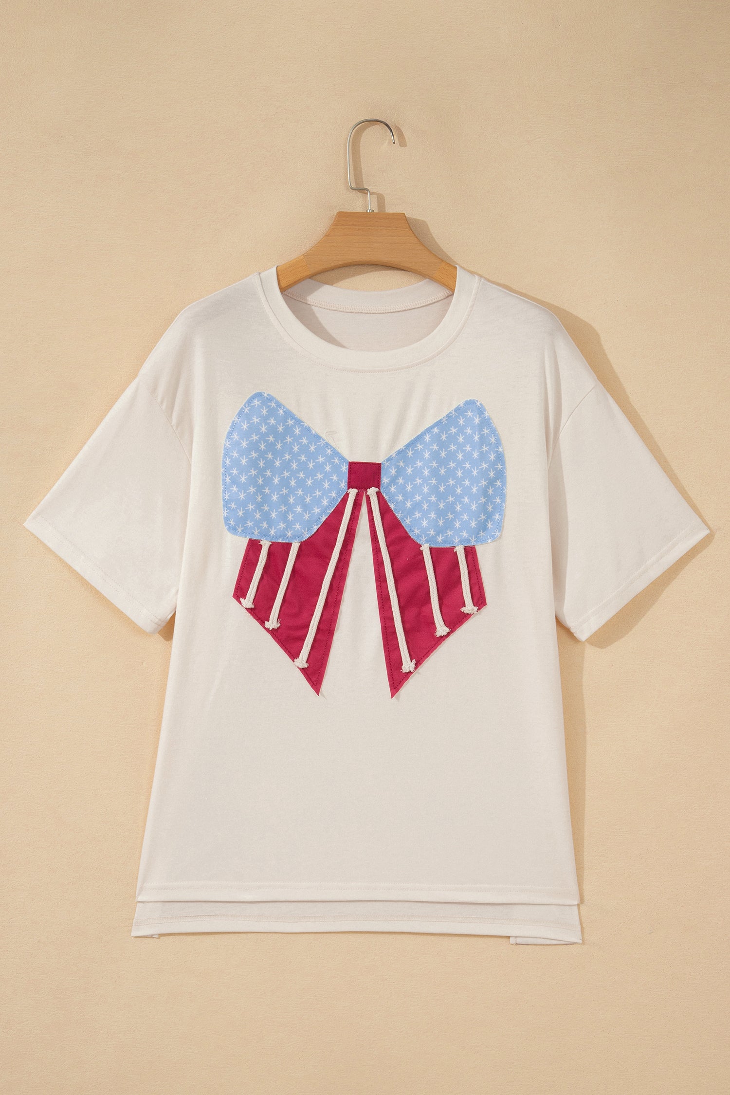 White Loose Knit Vintage Flag Bow Patched T Shirt-Tops/Tops & Tees-[Adult]-[Female]-2022 Online Blue Zone Planet