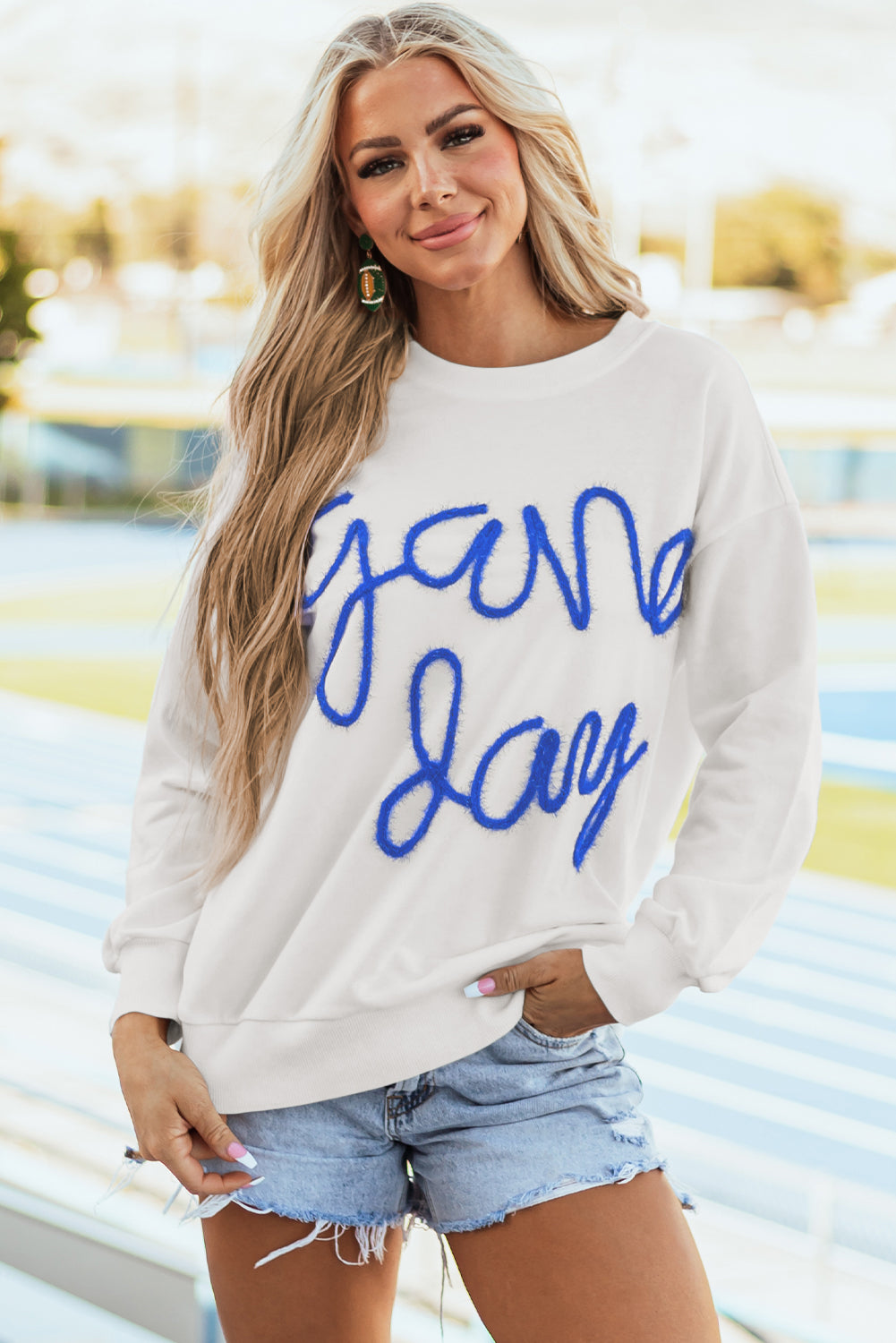 Dark Blue Tinsel Game Day Drop Shoulder Graphic Sweatshirt-Tops/Sweatshirts & Hoodies-[Adult]-[Female]-2022 Online Blue Zone Planet