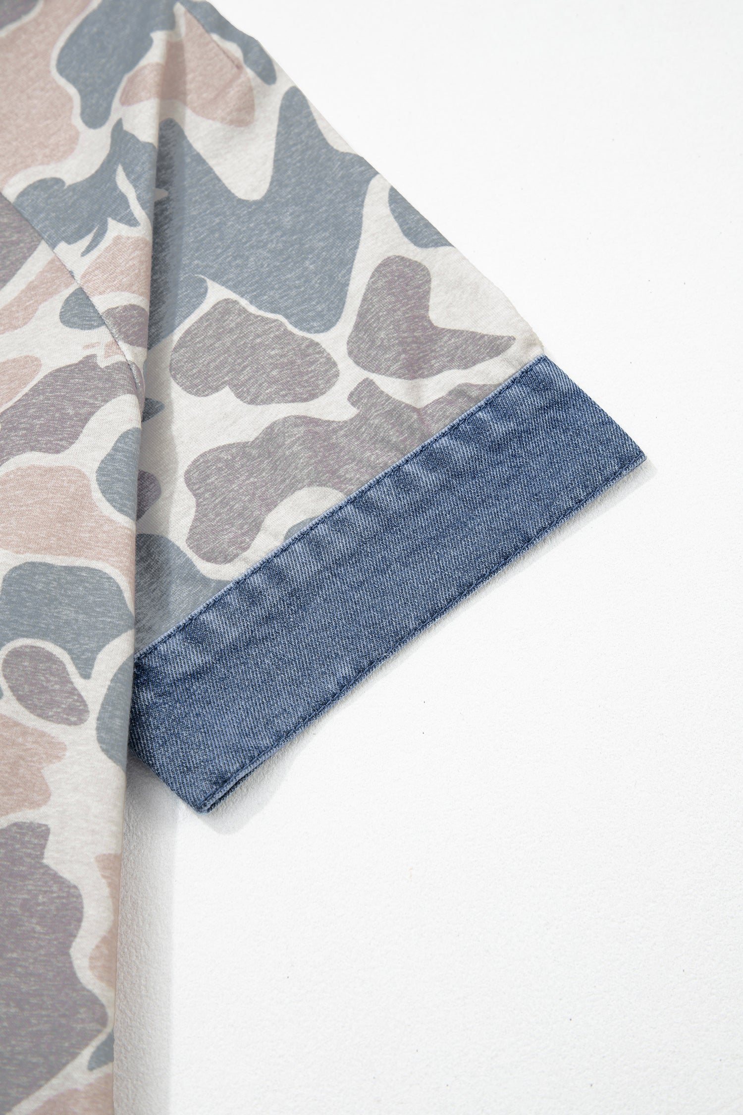 Multicolour Camouflage Print Denim Patchwork Polo Collar Tee-Tops/Tops & Tees-[Adult]-[Female]-2022 Online Blue Zone Planet