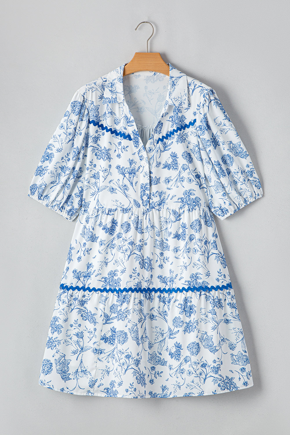 Sky Blue Floral Print Collared V Neck Ric-rac Trim Plus Size Mini Dress-TOPS / DRESSES-[Adult]-[Female]-2022 Online Blue Zone Planet