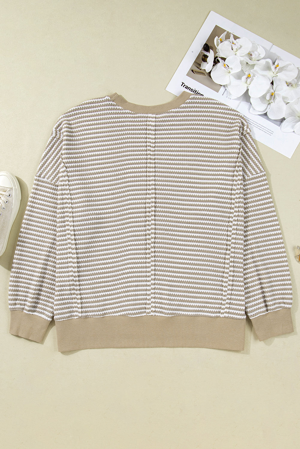 Brown Stripe Plus Size Breathable Knit Ribbed Trim Long Sleeve Top-Plus Size/Plus Size Tops/Plus Size Long Sleeve Tops-[Adult]-[Female]-2022 Online Blue Zone Planet