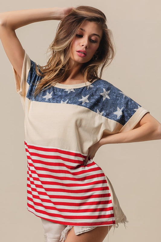 BiBi American Flag Theme Short Sleeve T-Shirt-TOPS / DRESSES-[Adult]-[Female]-Stripe-S-2022 Online Blue Zone Planet