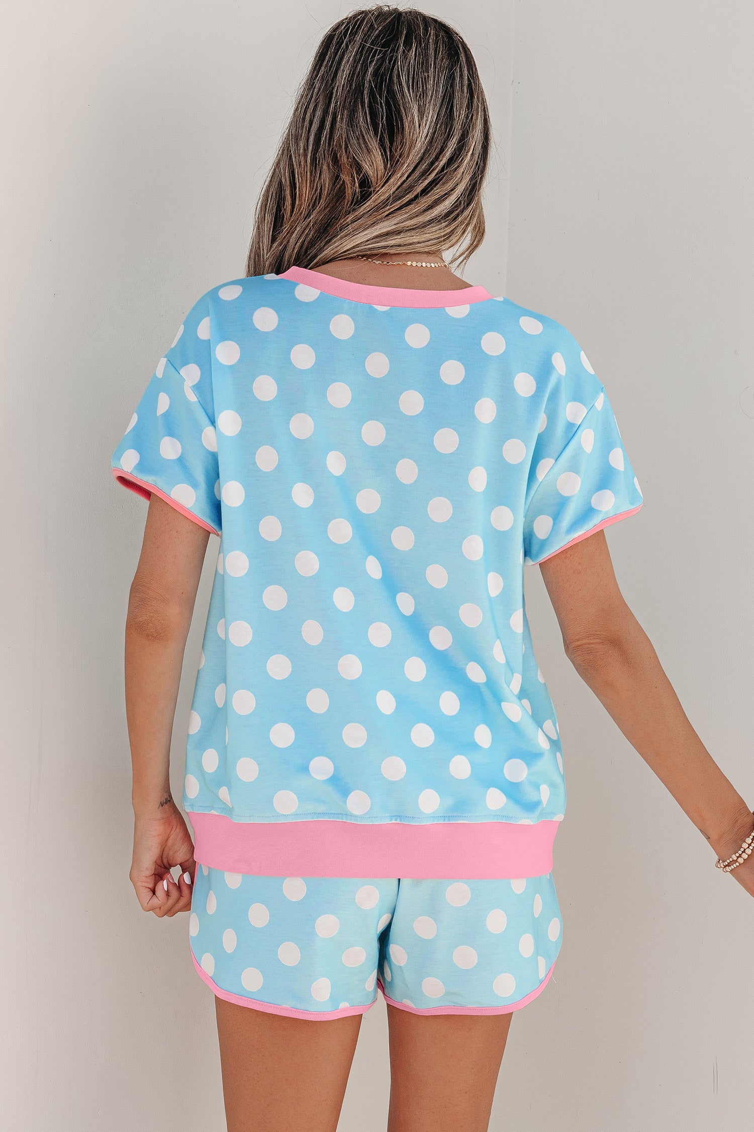 Pink Polka Dot Contrast Edge Casual Short Set-Two Piece Sets/Short Sets-[Adult]-[Female]-2022 Online Blue Zone Planet