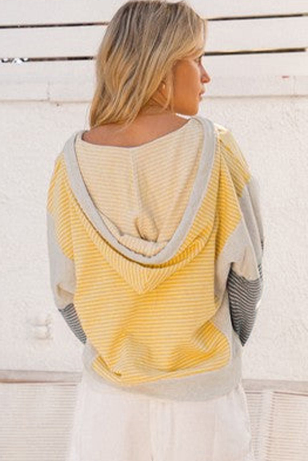 Yellow Stripe Color Block Drawstring V Neck Loose Fit Hooded Top-Tops/Sweatshirts & Hoodies-[Adult]-[Female]-2022 Online Blue Zone Planet