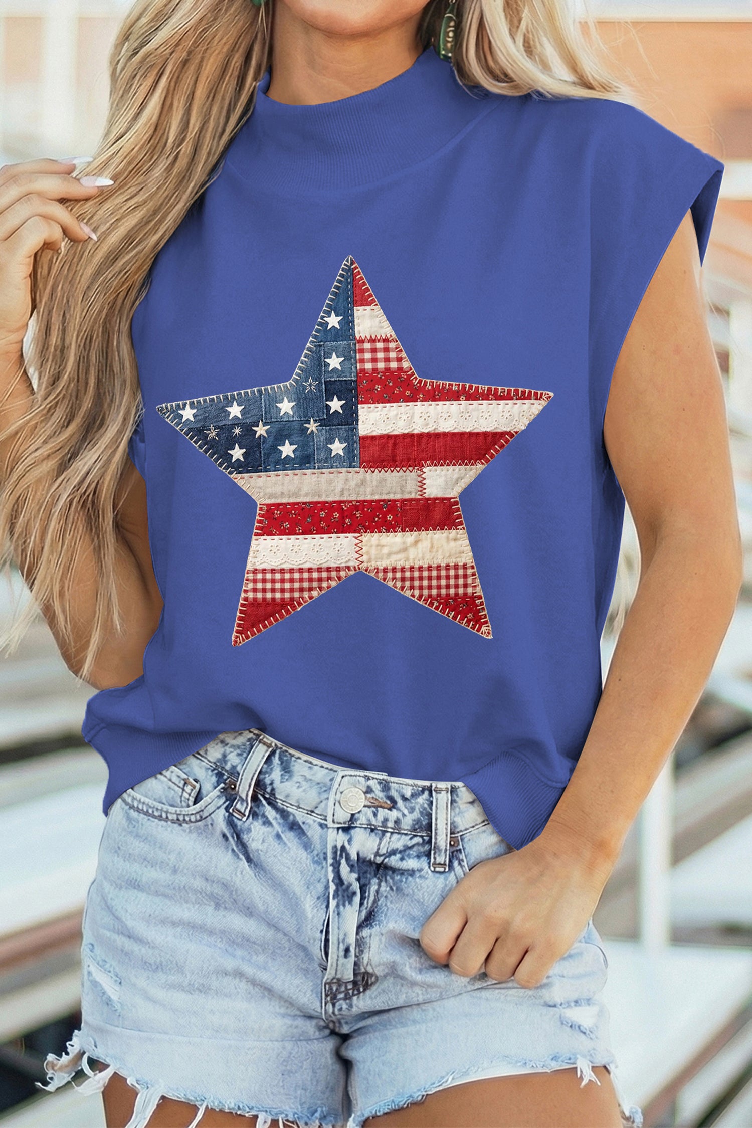 Sky Blue Faux Patchwork Patriotic Star Printed High Neck Top-Graphic/Graphic Tees-[Adult]-[Female]-2022 Online Blue Zone Planet