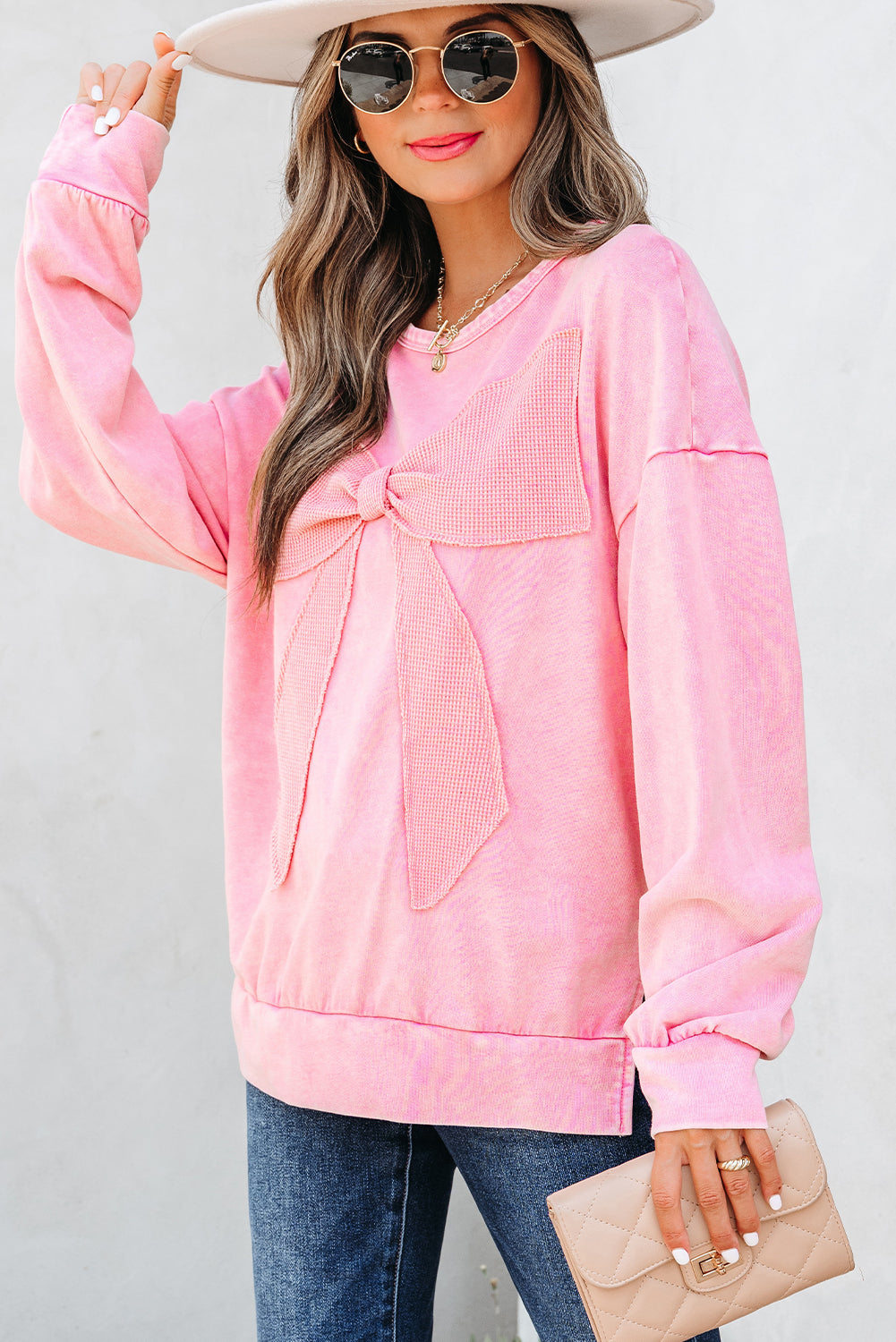 Bright Pink Mineral Wash Big Bow Patchwork Pullover Sweatshirt-Tops/Sweatshirts & Hoodies-[Adult]-[Female]-2022 Online Blue Zone Planet