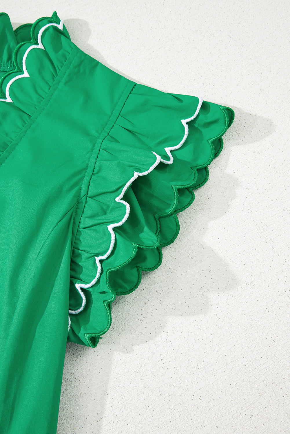 Bright Green Contrast Scallop Trim Layered Short Sleeve V Neck Blouse-Tops/Blouses & Shirts-[Adult]-[Female]-2022 Online Blue Zone Planet