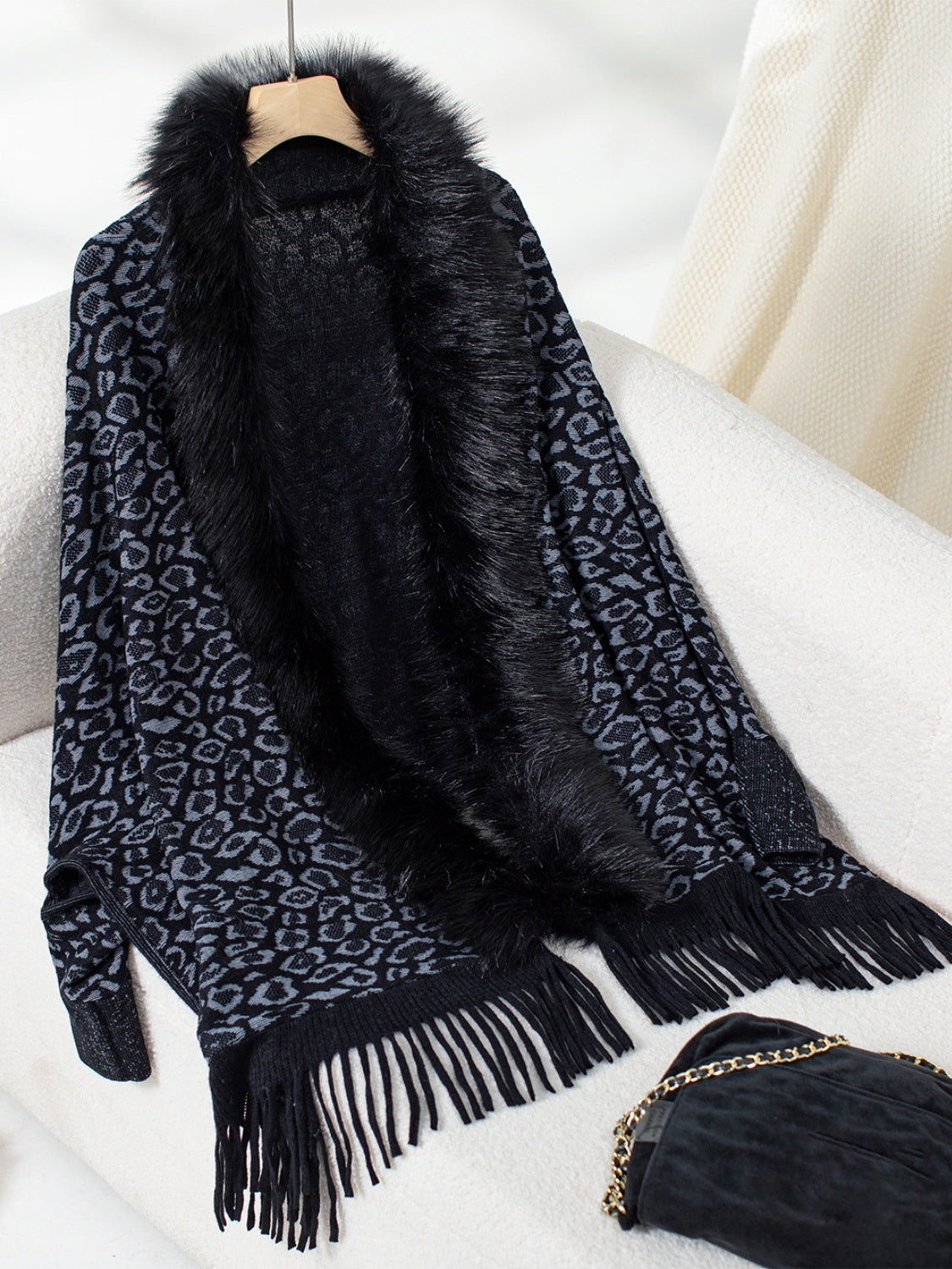 Fringe Leopard Open Front Long Sleeve Poncho-TOPS / DRESSES-[Adult]-[Female]-Black-One Size-2022 Online Blue Zone Planet