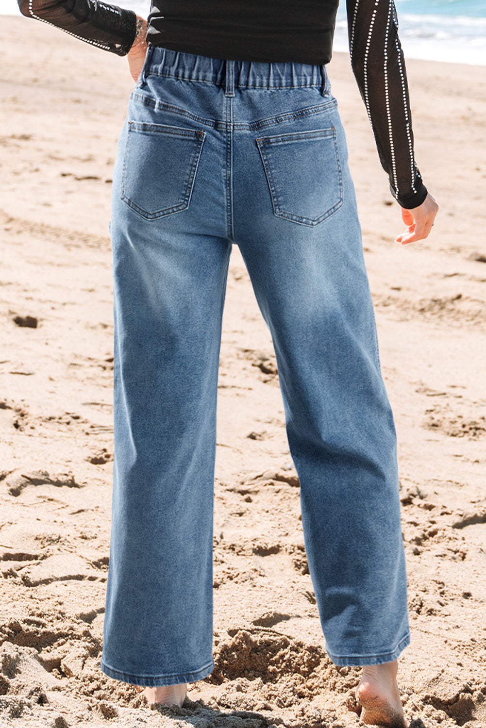 Stone Blue Star Patchwork Cropped Wide Leg High Waist Jeans-Bottoms/Jeans-[Adult]-[Female]-2022 Online Blue Zone Planet