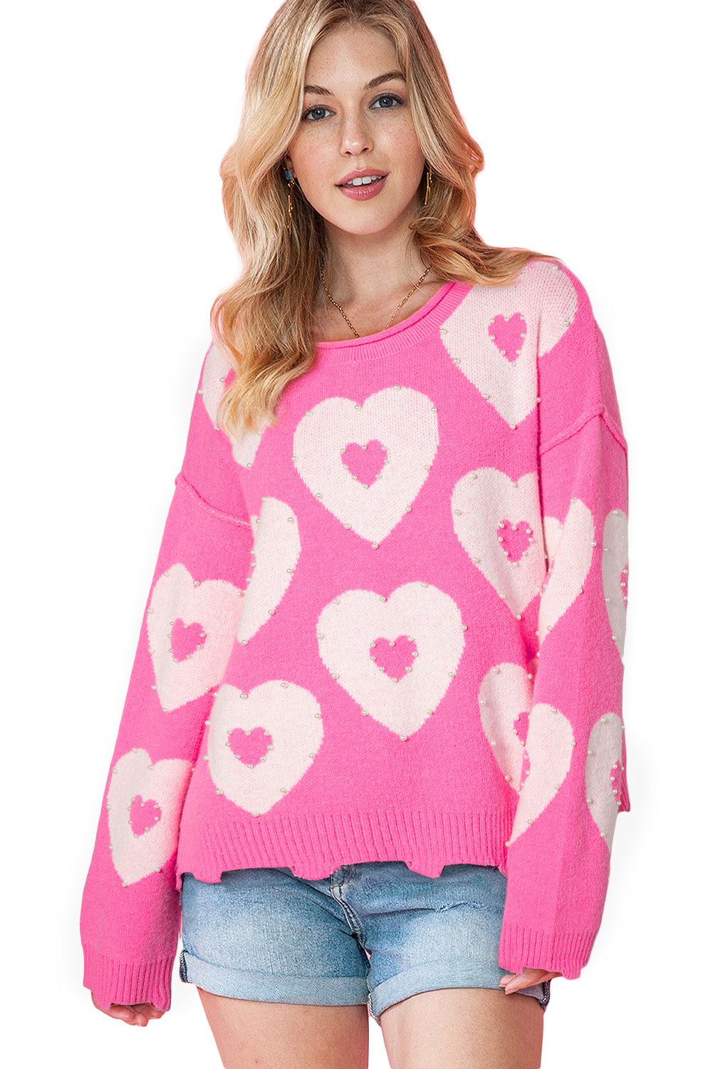 Bonbon Pearl Beaded Heart Drop Shoulder Sweater-Sweaters-[Adult]-[Female]-2022 Online Blue Zone Planet