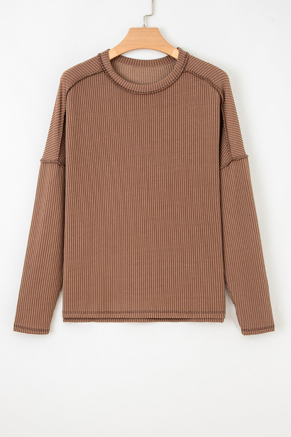 Dark Khaki Twist Ribbed Exposed Seam Detail Long Sleeve Loose Top-Tops/Long Sleeve Tops-[Adult]-[Female]-2022 Online Blue Zone Planet