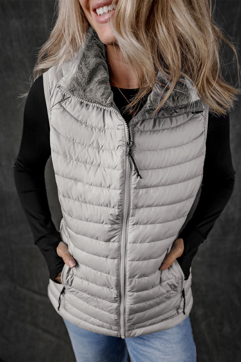 Blue Zone Planet | Silvery Plush Collared Quilted Zipped Puffer Vest-Outerwear/Vests-[Adult]-[Female]-2022 Online Blue Zone Planet