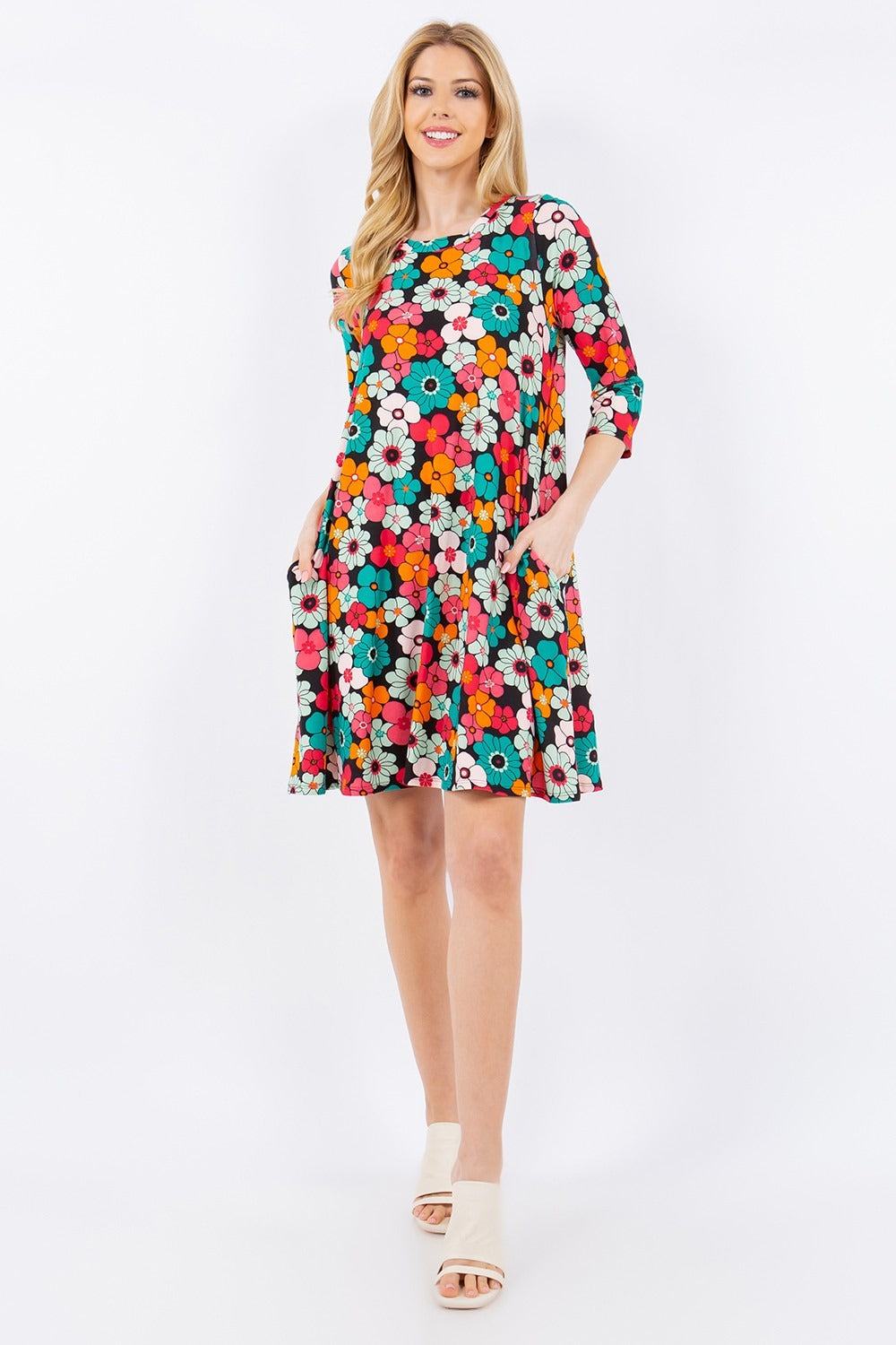 Celeste Full Size Floral Three-Quarter Sleeve Dress with Pockets-TOPS / DRESSES-[Adult]-[Female]-2022 Online Blue Zone Planet