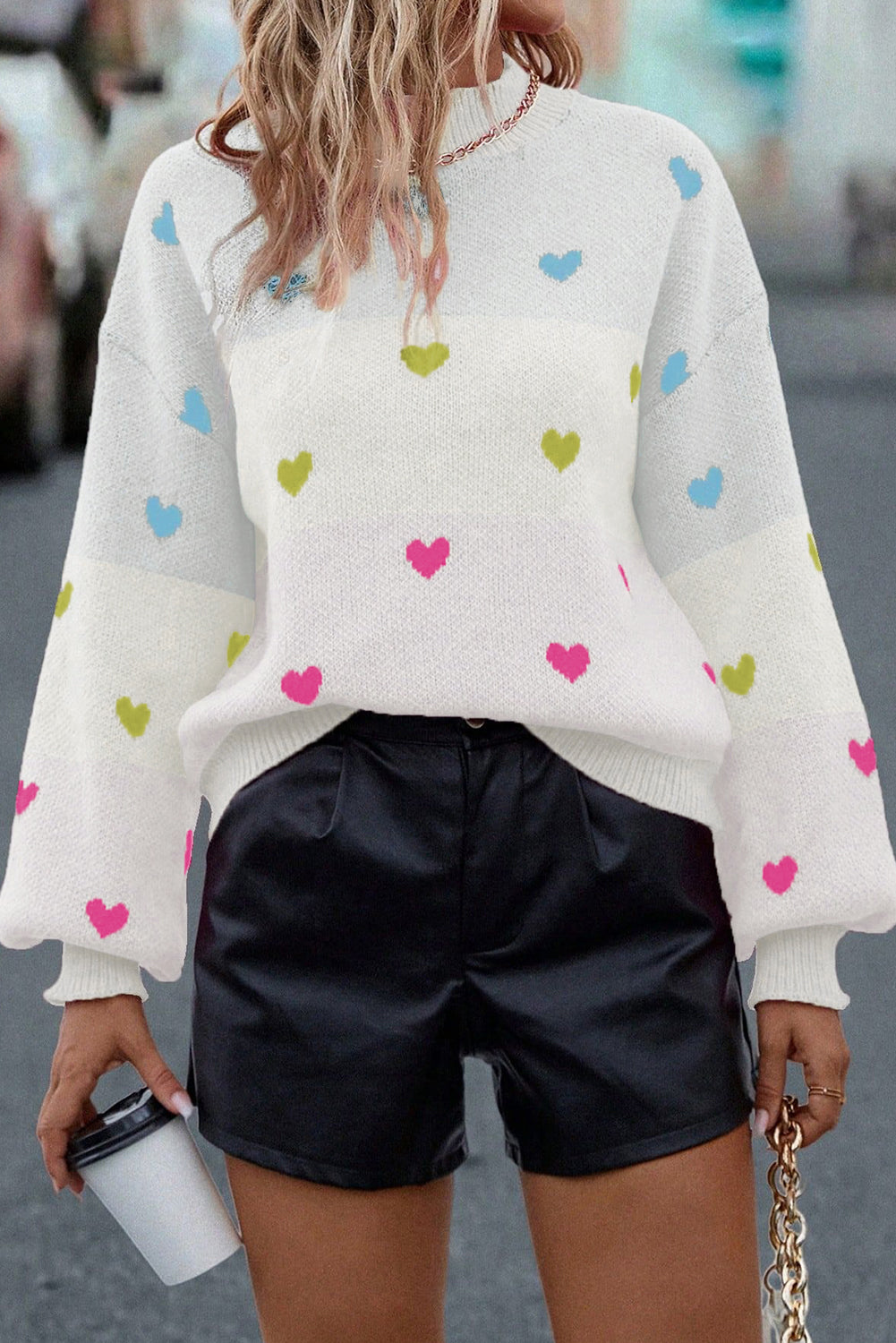 Multicolour Heart Pattern Colorblock Knit High Neck Baggy Sweater-Sweaters & Cardigans/Sweaters-[Adult]-[Female]-2022 Online Blue Zone Planet