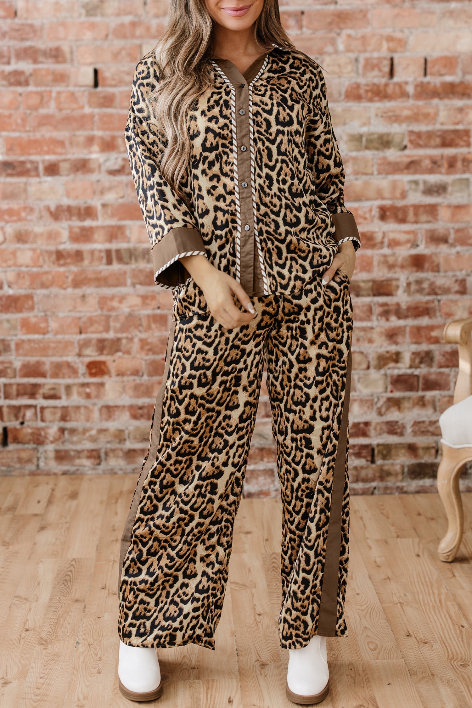 Brown Leopard Collared 3/4 Sleeve Shirt and Loose Pants Two Piece Outfit Set-Two Piece Sets/Pant Sets-[Adult]-[Female]-2022 Online Blue Zone Planet