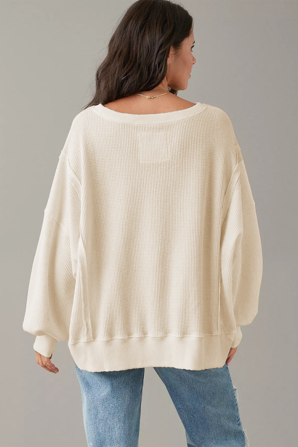 Gray Waffle knit Bishop Sleeve Split Oversized Top-Tops/Long Sleeve Tops-[Adult]-[Female]-2022 Online Blue Zone Planet