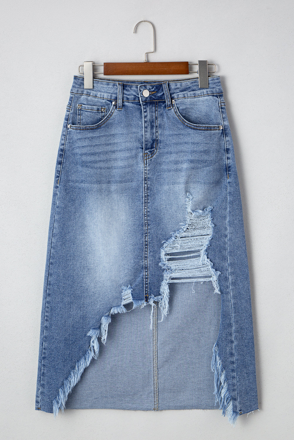 Myosotis Irregular Distressed Bottom Denim Midi Skirt-Bottoms/Skirts & Petticoat-[Adult]-[Female]-2022 Online Blue Zone Planet