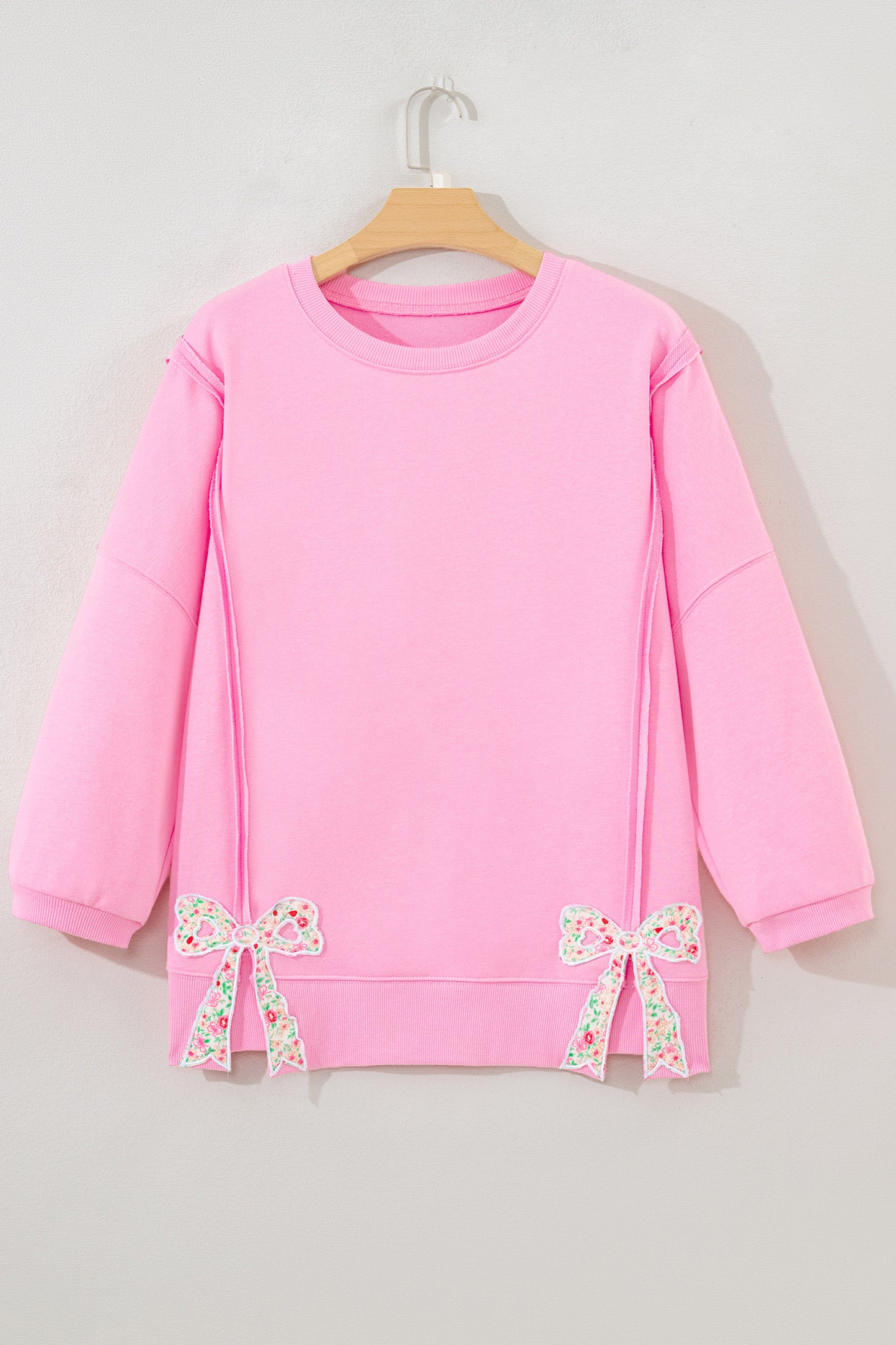 Pink Floral Bow Patched Exposed Seam Patchwork Slit Baggy Sweatshirt-Tops/Sweatshirts & Hoodies-[Adult]-[Female]-2022 Online Blue Zone Planet