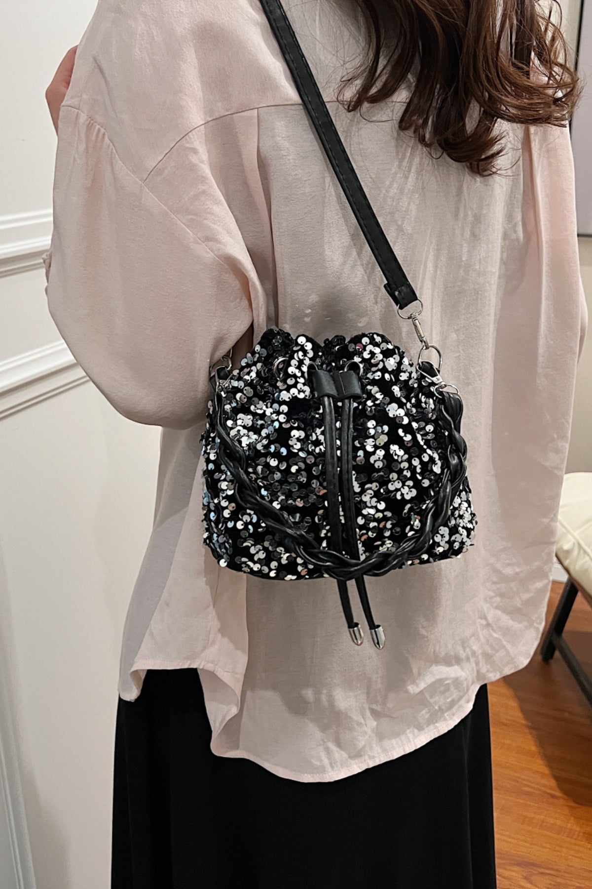 Sequin Drawstring Bucket Bag-HANDBAGS-[Adult]-[Female]-Silver-One Size-2022 Online Blue Zone Planet