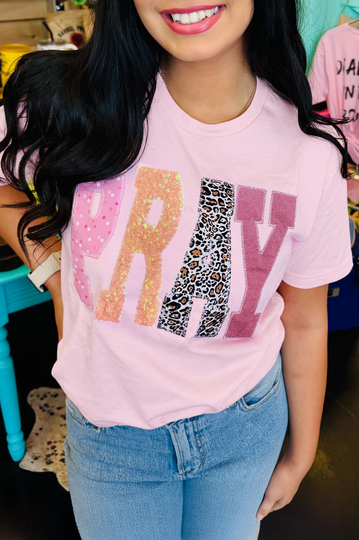 Pink Pray Sequin Leopard Multiple Patched Graphic Tee-Tops/Tops & Tees-[Adult]-[Female]-2022 Online Blue Zone Planet
